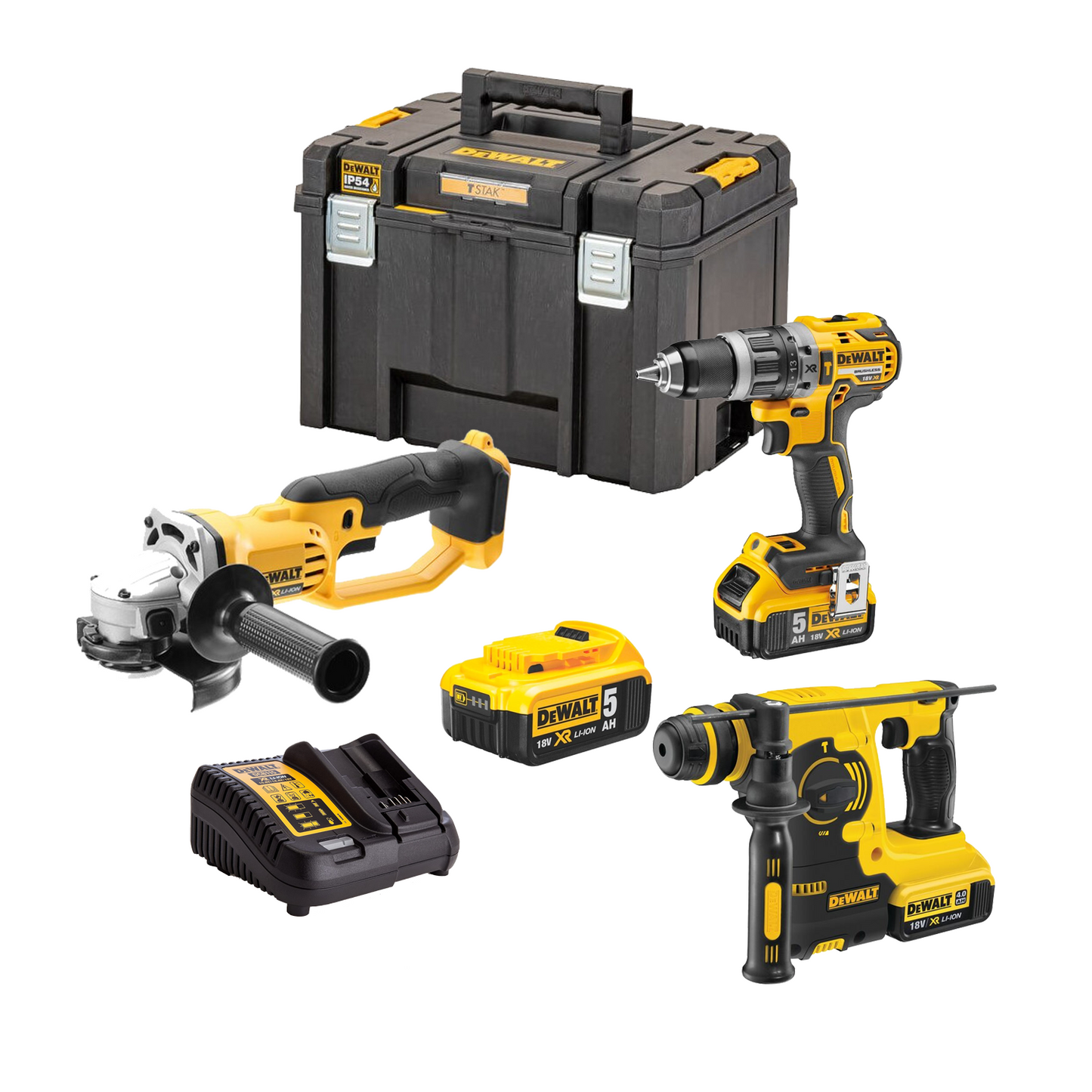 Dewalt CPROF265 hammer drill power kit with case, XR18V grinder, XR SDS plus hammer and 3 batteries