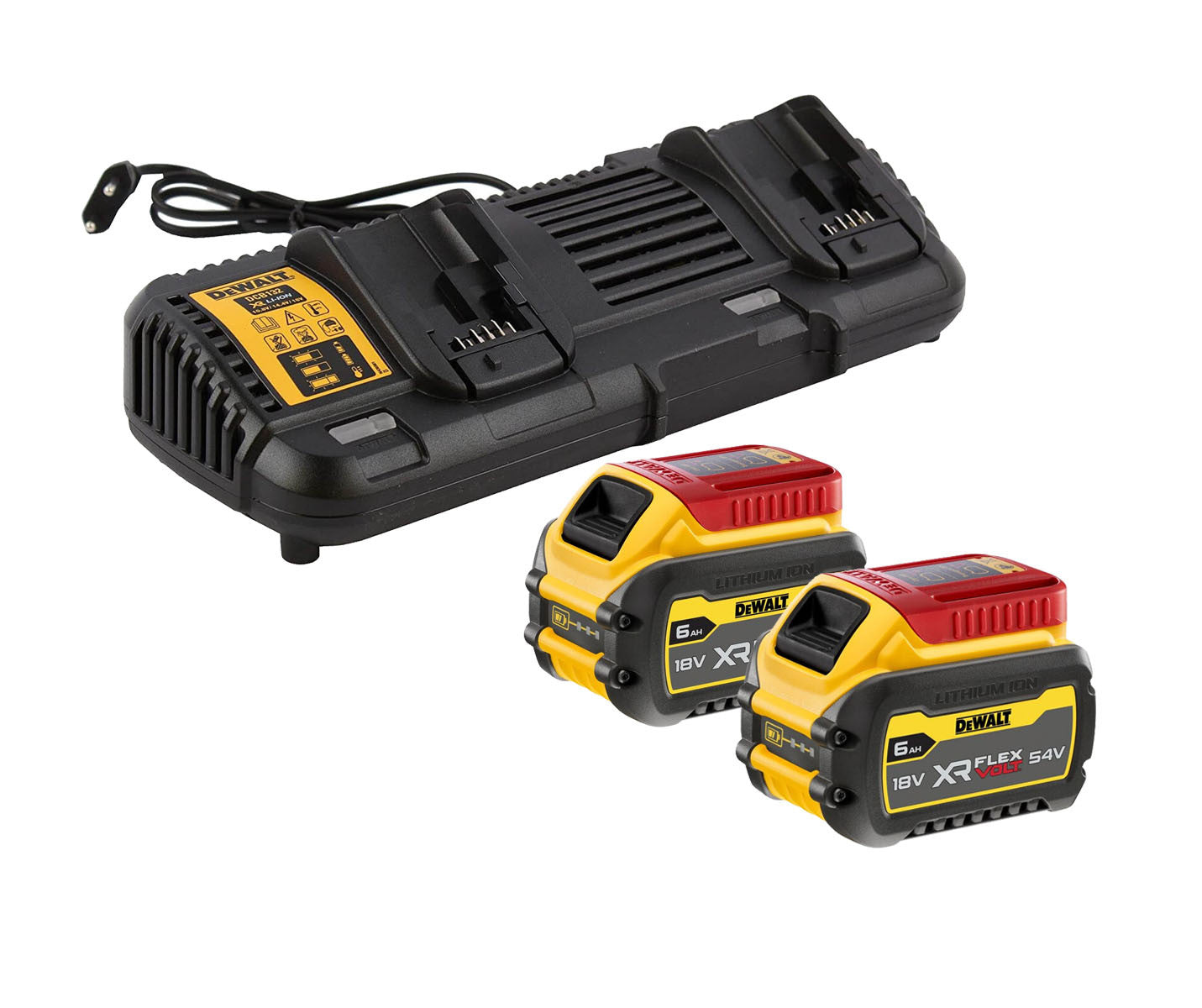 Kit 2 Baterías carril XR Flexvolt 54V/18V 6,0Ah y Cargador Doble XR Flexvolt DCB132T2 Dewalt