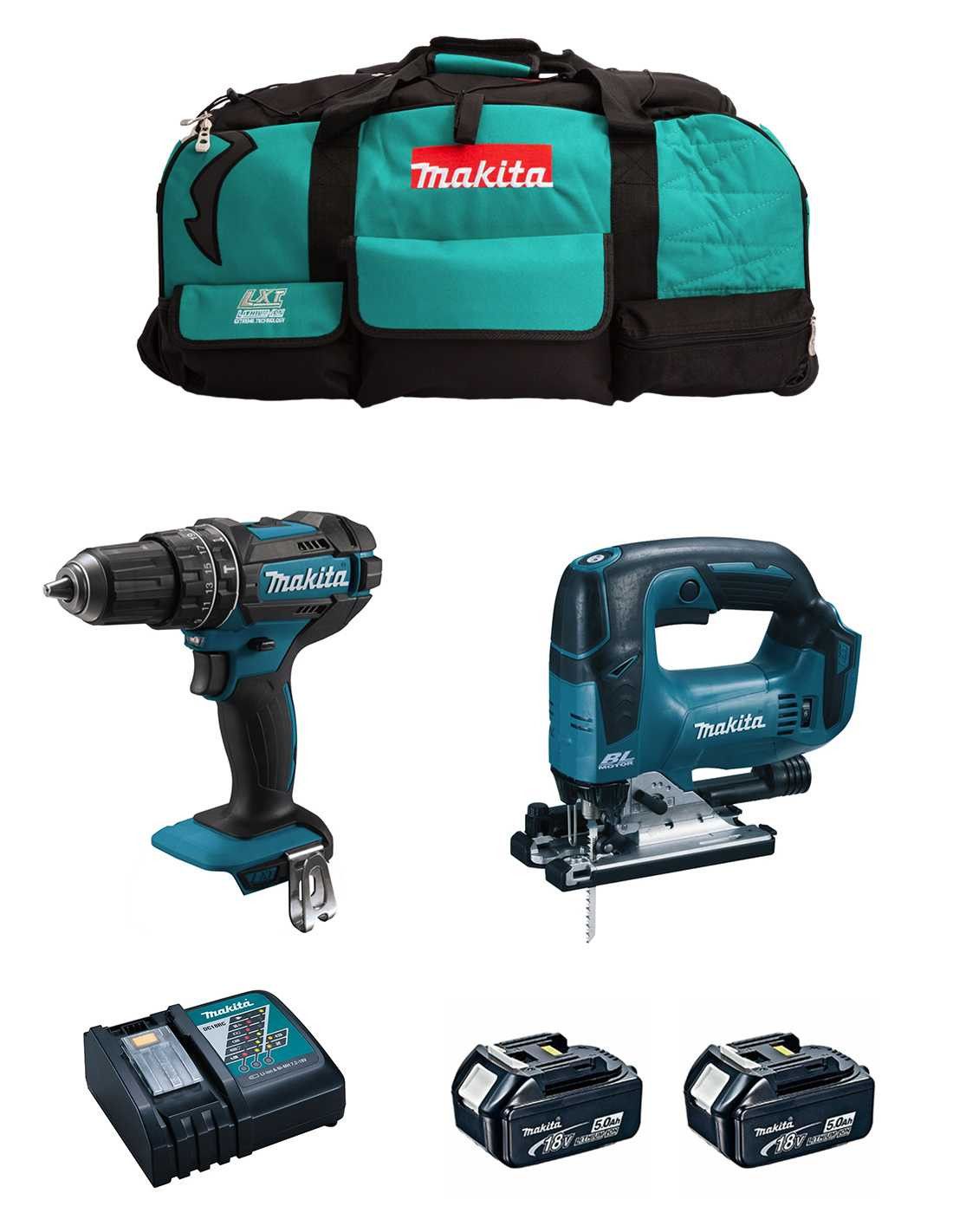 Makita DHP482 Hammer Drill Kit + DJV182 Jig Saw + 2bat 5Ah + charger + DLX2181BL2 bag