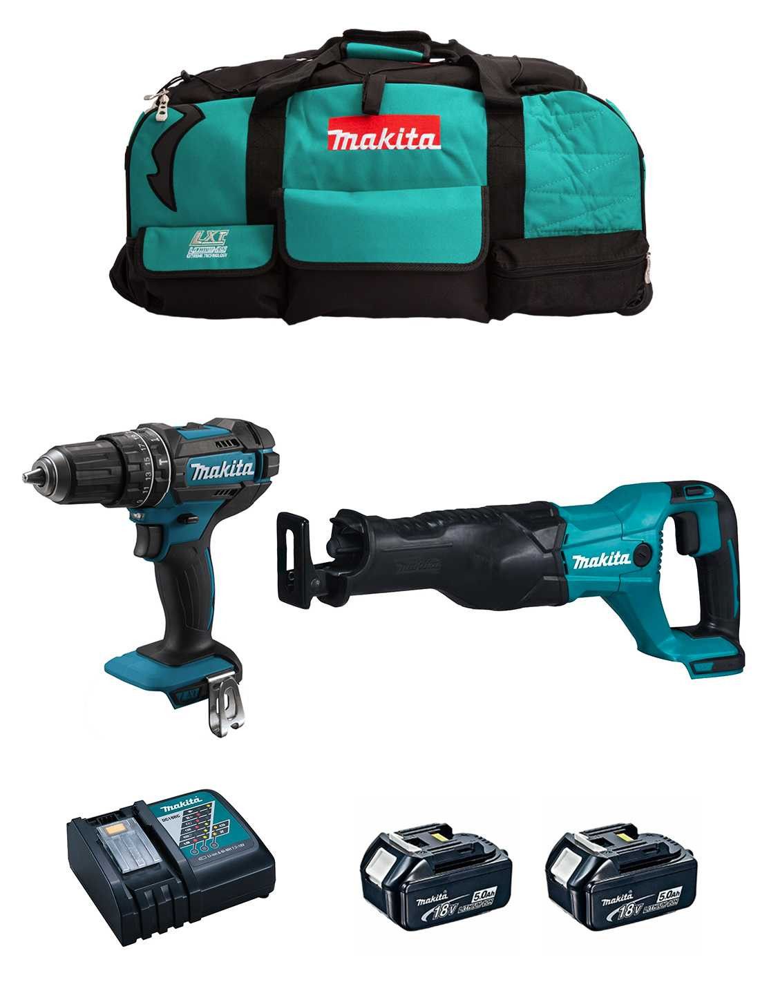 Makita DHP482 Hammer Drill Kit + DJR186 Saber Saw + 2bat 5Ah + charger + DLX2186BL2 bag