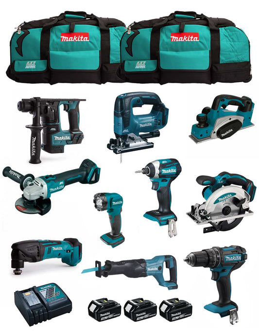 Kit Makita con 10 herramientas + 3 bateria 3ah + cargador + 2 bolsas DLX1080BL3