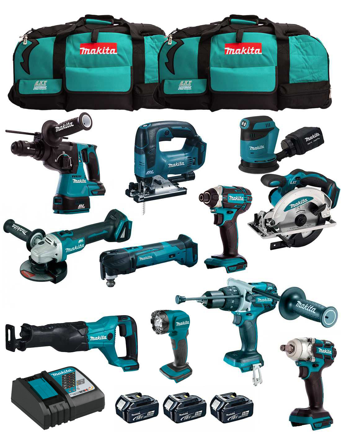 Makita kit with 11 tools + 3 bat + charger + 2 bags DLX1143BL3