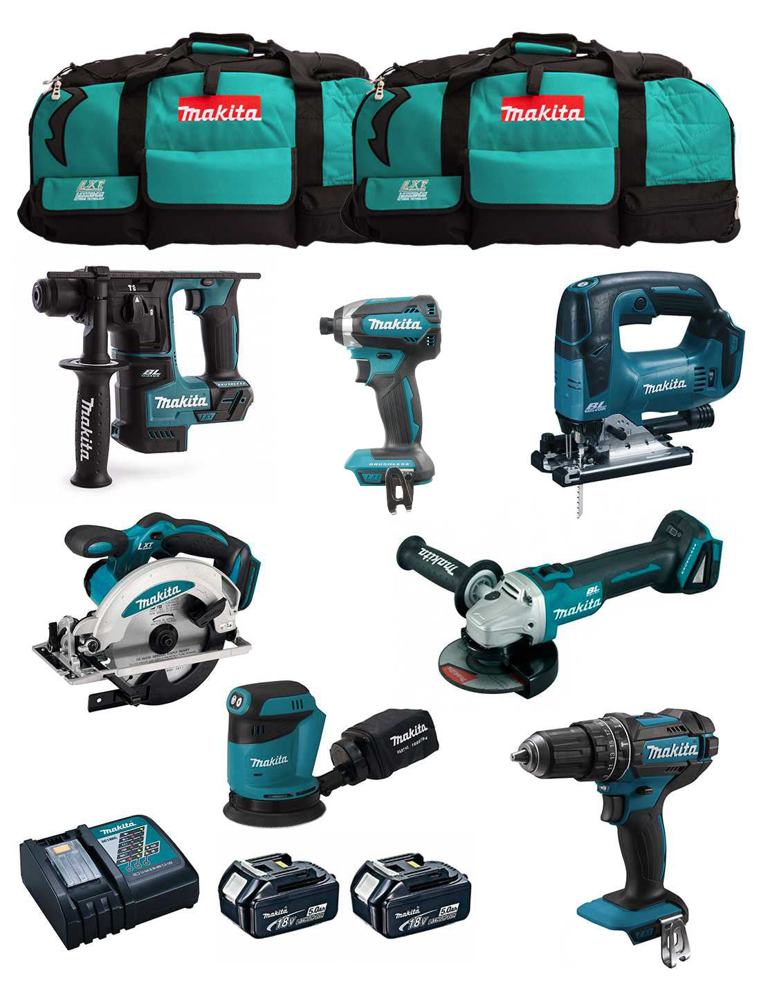 Makita kit 7 tools + 2bat 5Ah + charger + 2 bags LXT600 DLX7180BL2