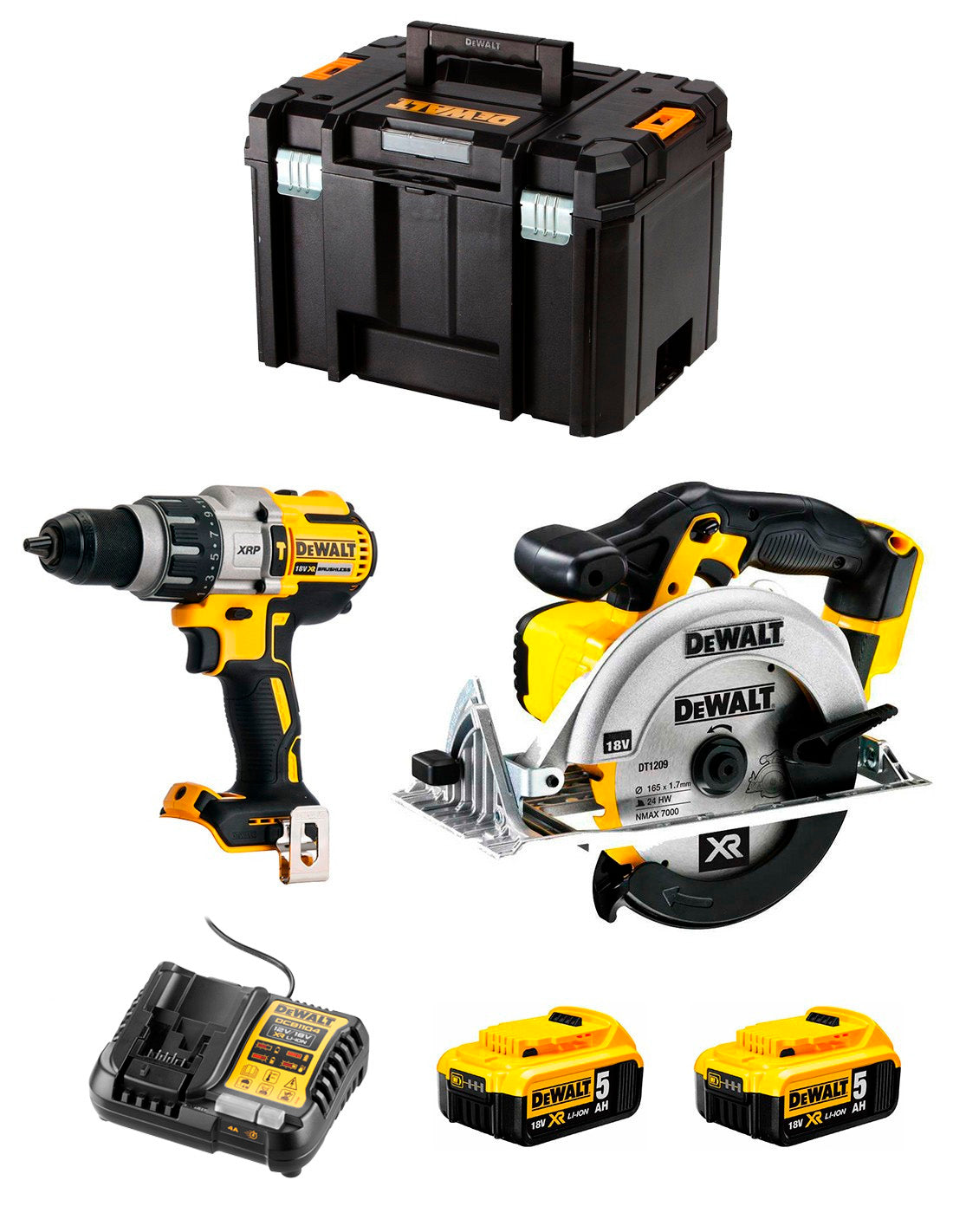 Kit Dewalt Taladro Percutor DCD996 + Sierra Circular DCS391 + 2bat 5Ah + cargador + TSTAK VI DCK291P2