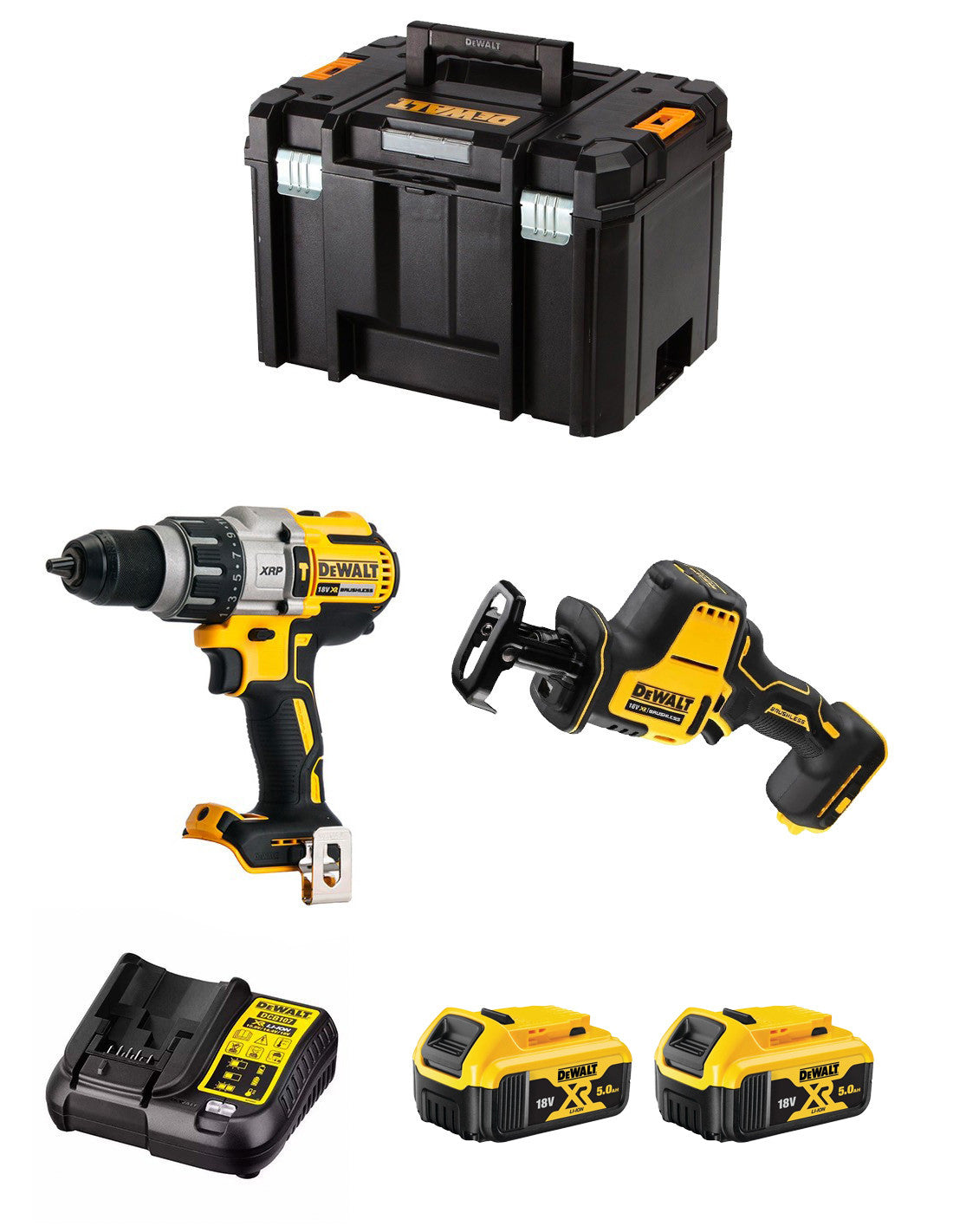 Dewalt Kit DCD996 Hammer Drill + DCS369 Mini Saber Saw + 2bat 5Ah + charger + TSTAK VI DCK269P2