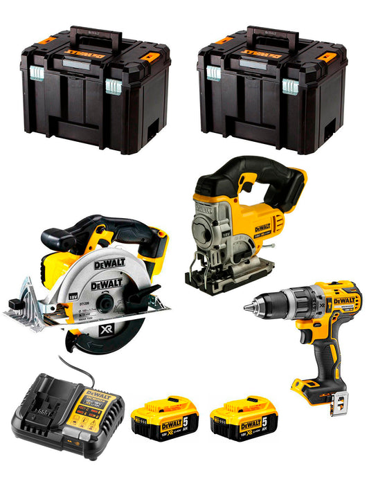 Kit Dewalt Taladro Percutor DCD796+ Sierra de Calar DCS331+ Sierra Circular DCS391+ 2bat 5Ah+ Cargador+ 2xTSTAK VI DCK391P2