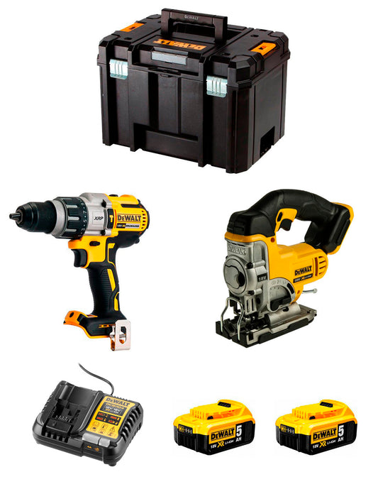 Kit Dewalt Taladro Percutor DCD996 + Sierra de calar DCS331 + 2bat 5Ah + Cargador + TSTAK VI DCK234P2