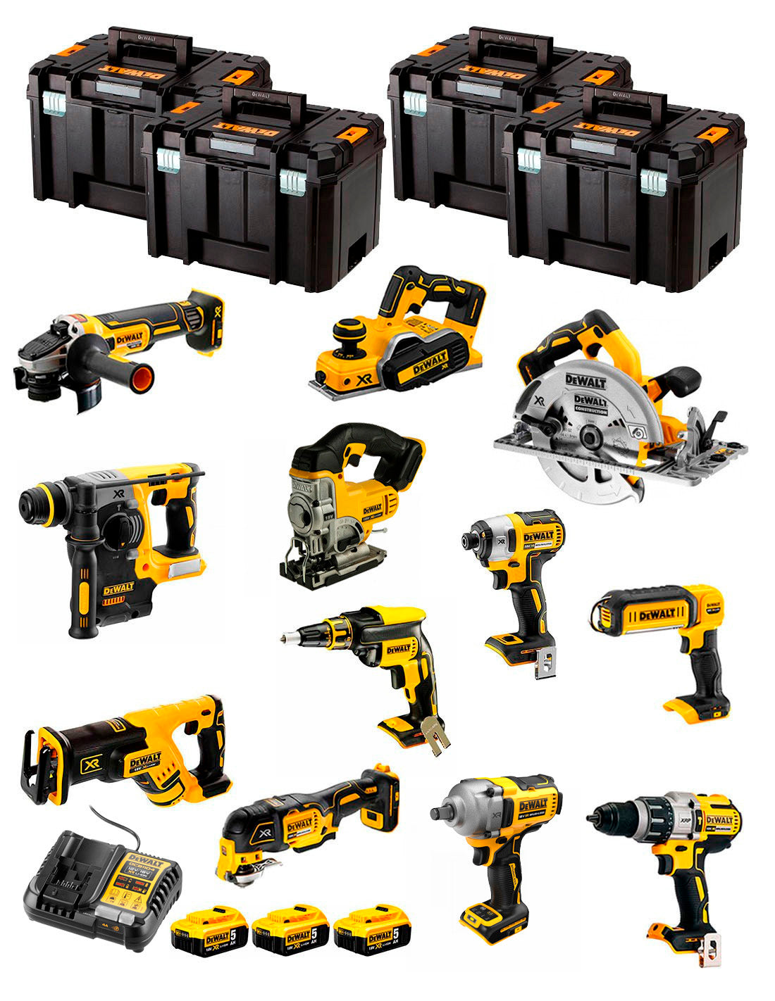 Dewalt Kit 12 tools + 3bat 5Ah + Charger DCB1104 + 4xTSTAK DCK127P3