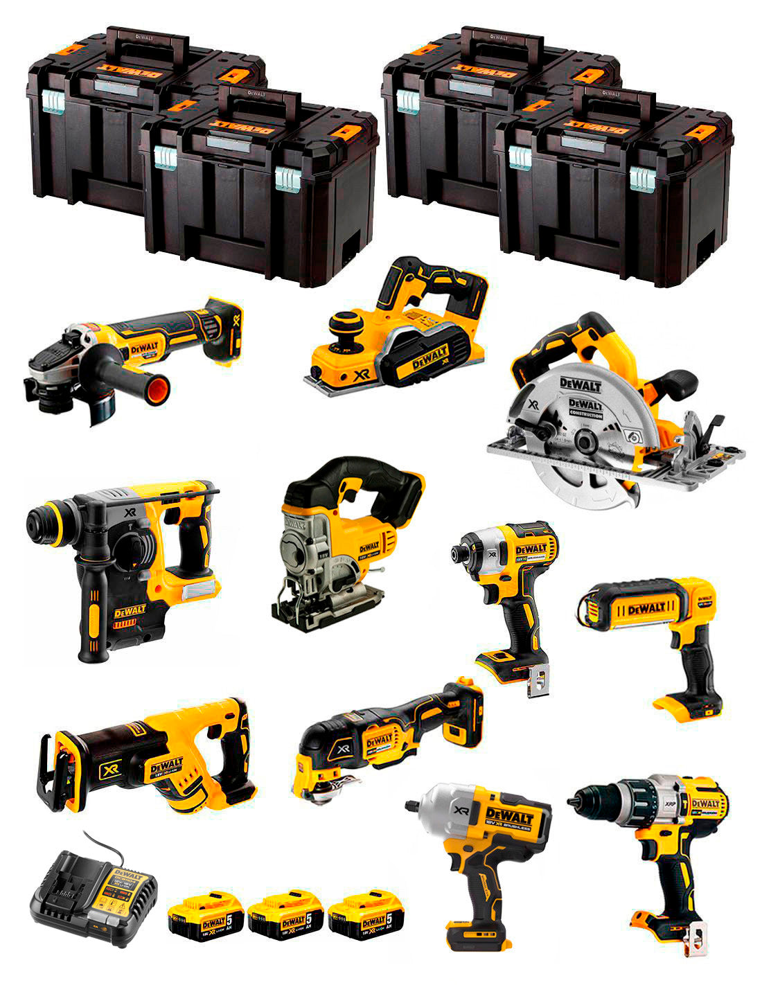 Dewalt Kit 11 tools + 3bat 5Ah + DCB1104 Charger + 4xTSTAK DCK110P3