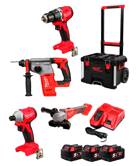 Powerpack Hammer + Drill + Grinder + Impact Screwdriver + 3bat 5Ah + Charger + Trunk Milwaukee