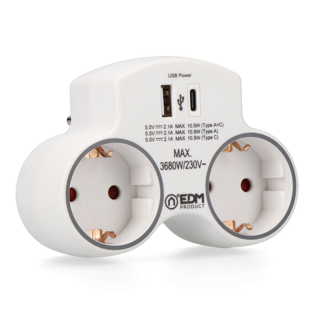 EDM 2-socket 2P+E SCHUKO adapter with 2 USB ports (A + C)