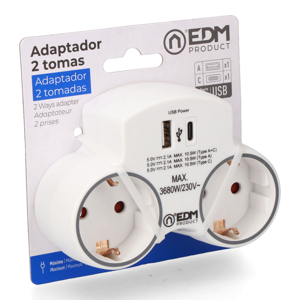 EDM 2-socket 2P+E SCHUKO adapter with 2 USB ports (A + C)