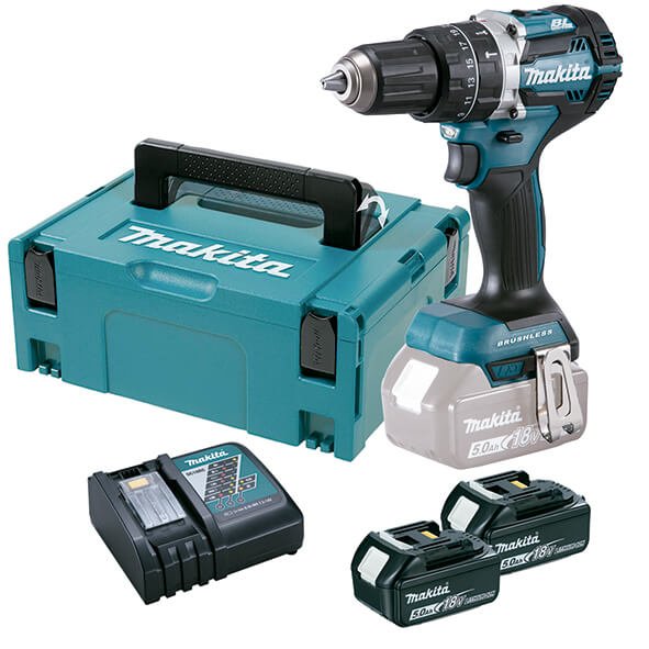 Taladro percutor 18V con 2 baterías 5Ah y maletín Makita DHP484RTJ