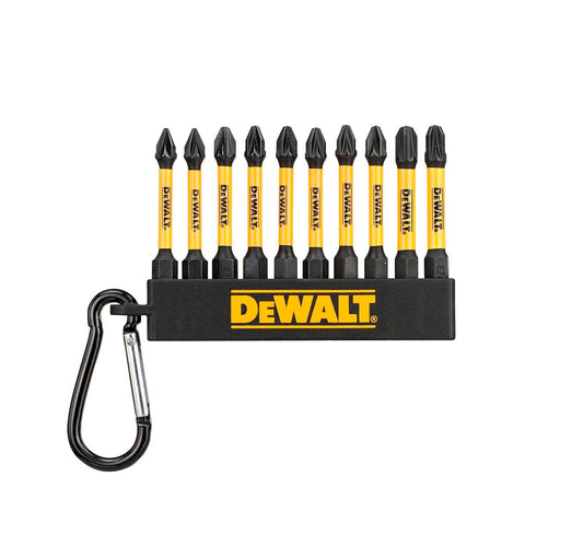 Set of 10 FLEXTORQ 57mm PZ2 and PH2 bits with Dewalt DT7274 carabiner