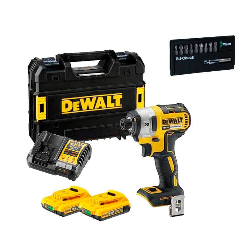 18V XR Brushless Impact Screwdriver 205Nm with 2 2Ah batteries + Dewalt DCF887D2X bit set