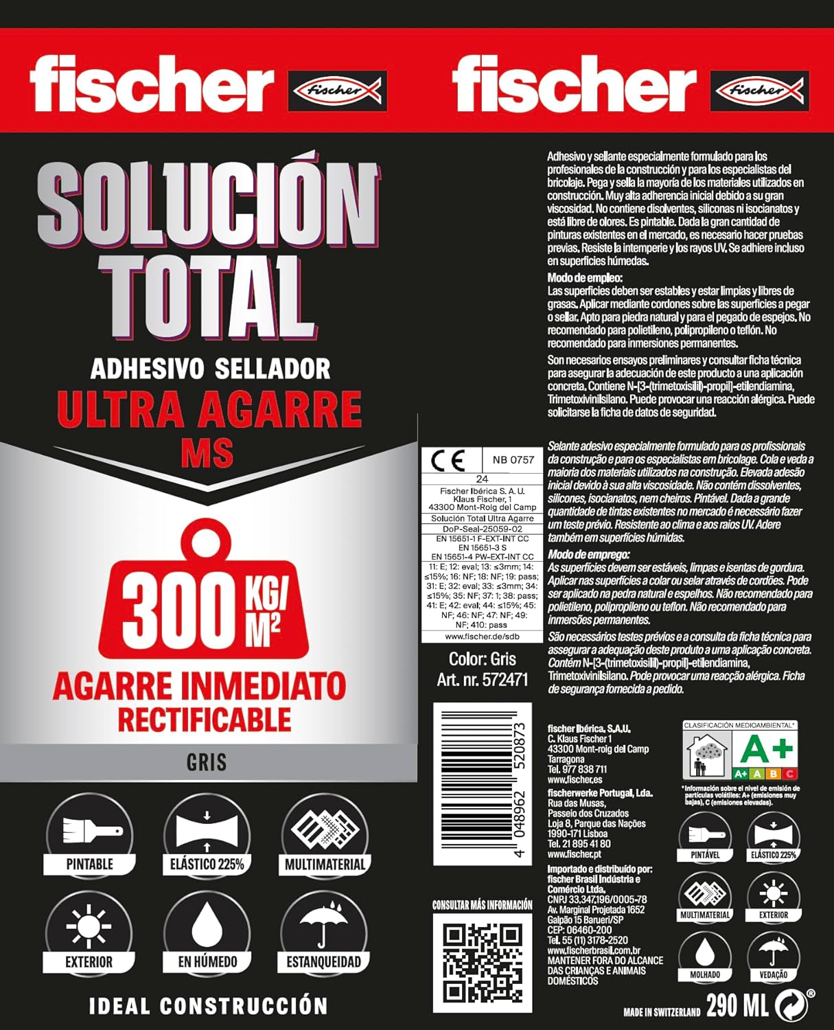 Cartucho Adhesivo Sellador Fischer Solucion Total Ulta Agarre MS 290ml