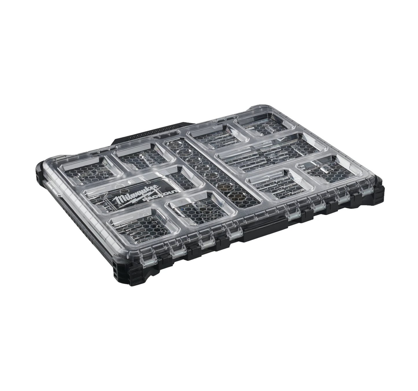 Juego de 63 piezas con vasos y carraca de 1/4" y 1/2" con organizador Slim Compacto Milwaukee