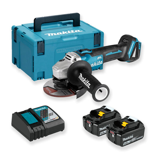 18V 125mm mini grinder with 2 4Ah batteries and Makita DGA504RMJ case