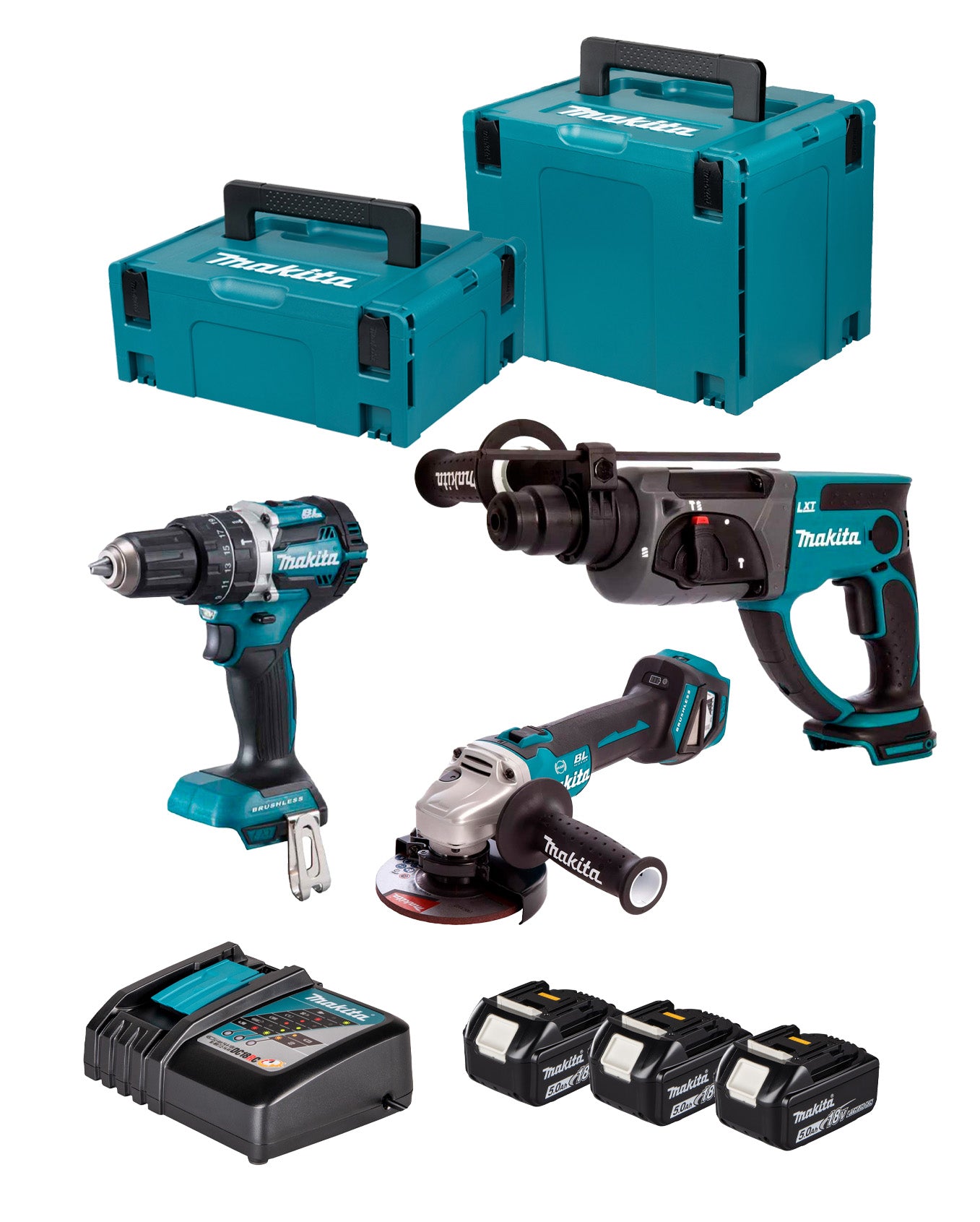 Combo 18V Taladro DHP484 + Amoladora DGA513 + Martillo DHR202 + 3 bat 5Ah + Cargador + Maletines Makita DLX3093TJ